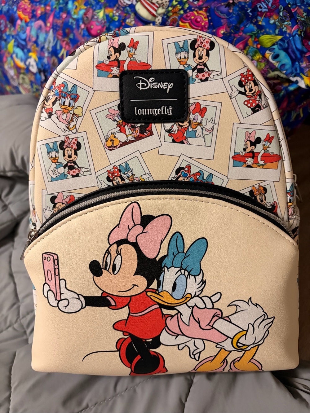 Loungefly Cream Mini Backpack with Pink & Blue Minnie and Daisy Print